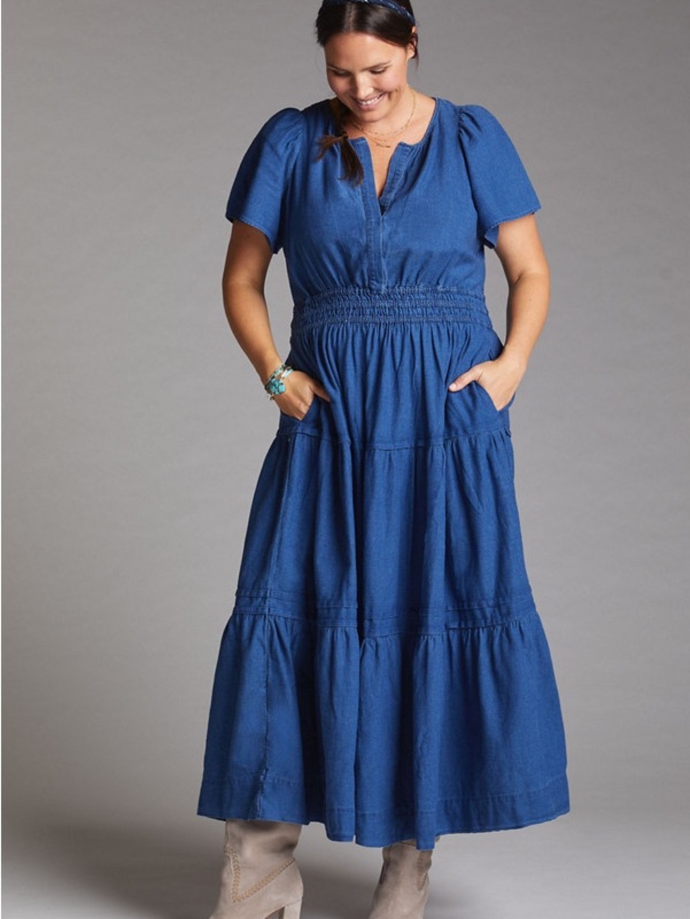Maeve Anthropology Somerset Chambray Tiered Maxi Denim Dress w/ Pockets Sz 2XL